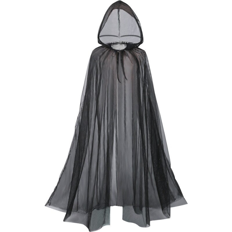 Women Red Hooded Tulle Cape Long Chiffon Medieval Net Robe Vampire Bride Sheer Haunted Cloak Costume for Adults and Teens