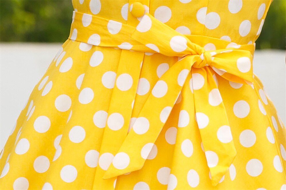 Women Vintage Yellow Polka Dots Dress Retro Rockabilly Strap Suspenders Cocktail Party 1950s 40s Swing Dress Summer Dress