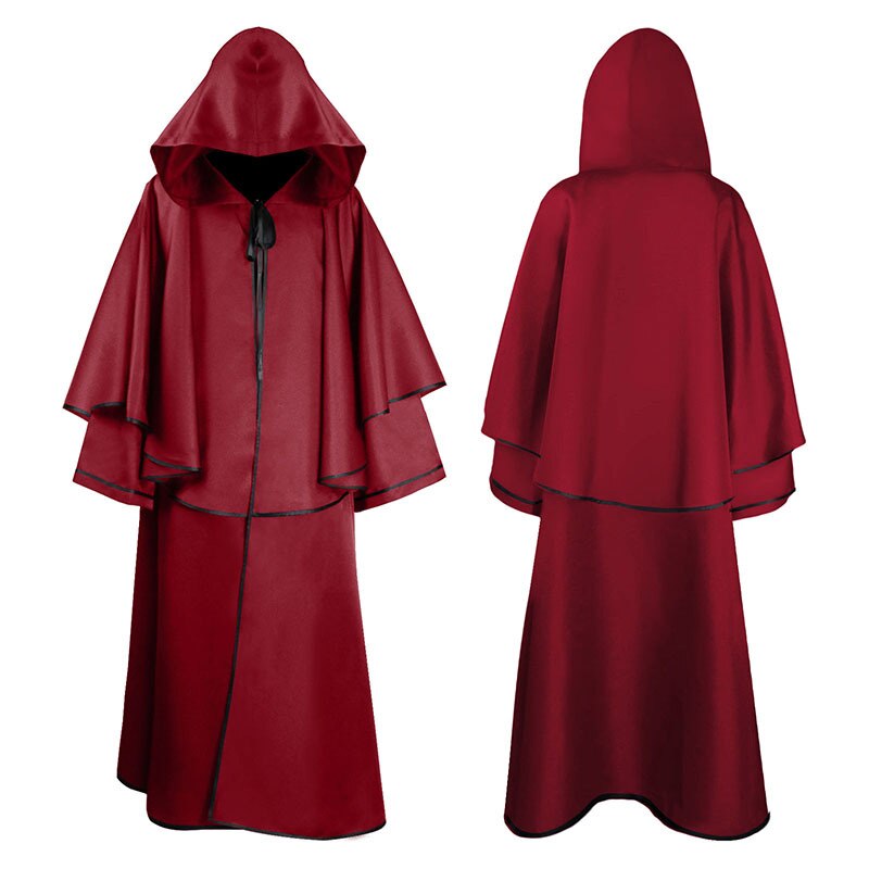 Men Tunic Hooded Robe Cloak Knight Cosplay Costume Wizard Vampire Robe Cloak Cape Monk Fancy Halloween Tie