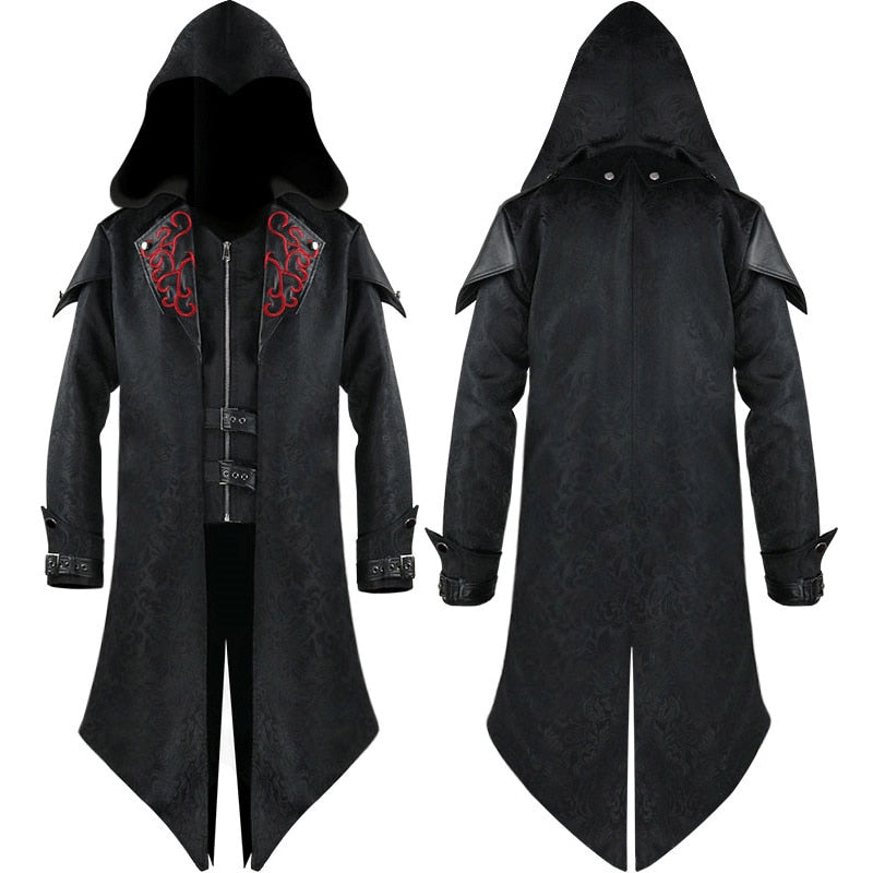 Men Steampunk Trench Coat Victorian Gothic Slim Suit Collar Medieval Solid Zipper Coat Halloween Vintage Costume