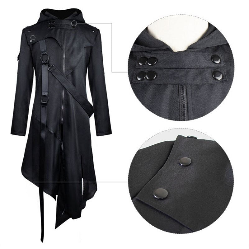 Men Gothic Steampunk Trench Coat Victorian Slim Suit Collar Solid Zipper Viking Coat Halloween Vintage Costume