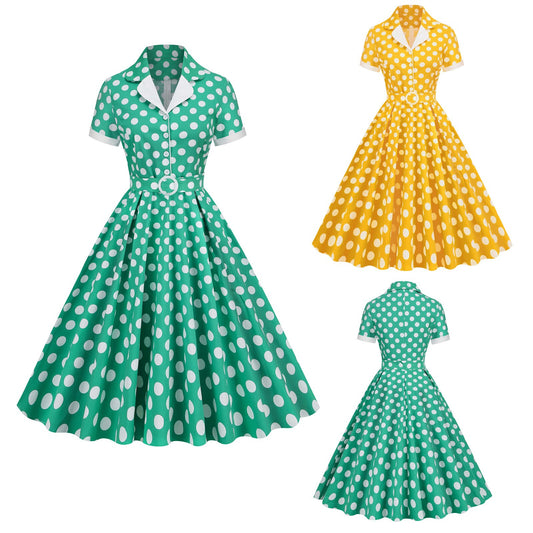 Women Vintage Polka Dots Dress Turn-down Collar Rockabilly Cocktail Party 1950s 40s Swing Dress Summer Dress