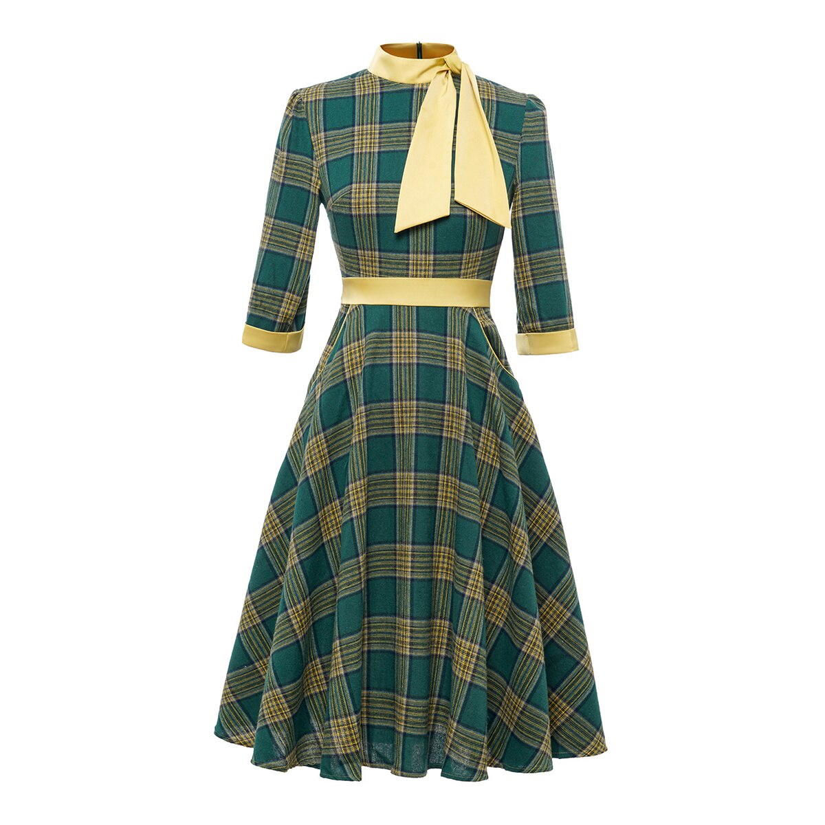 Women Vintage Plaid Dress With Pocket Rockabilly Cocktail Party 1950s 40s Swing Dress Autumn Winter Dress Long Sleeves