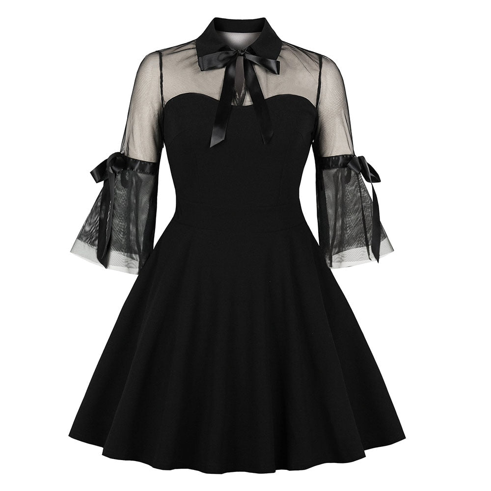 Gothic Black Dress Women Vintage Cocktail Dresses Harajuku Rockabilly Skater Dress 2023 Summer Swing Dress Short Sleeves