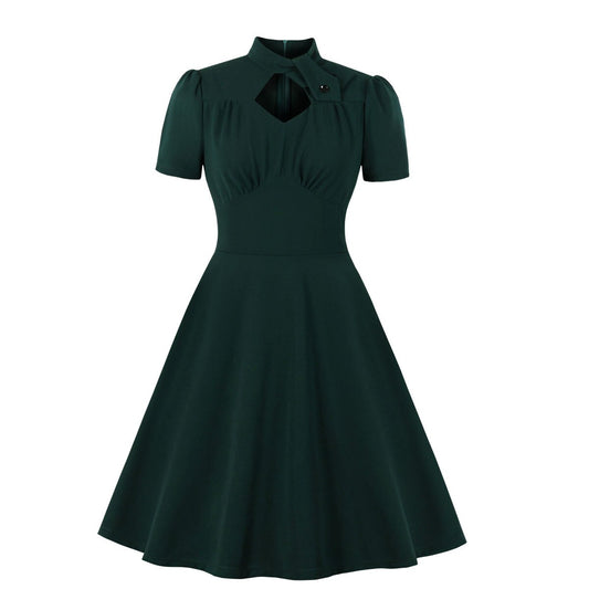 Women Vintage Solid Dress With Pocket Rockabilly Cocktail Party 1950s 40s Swing Dress Autumn Winter Dress Short Sleeves