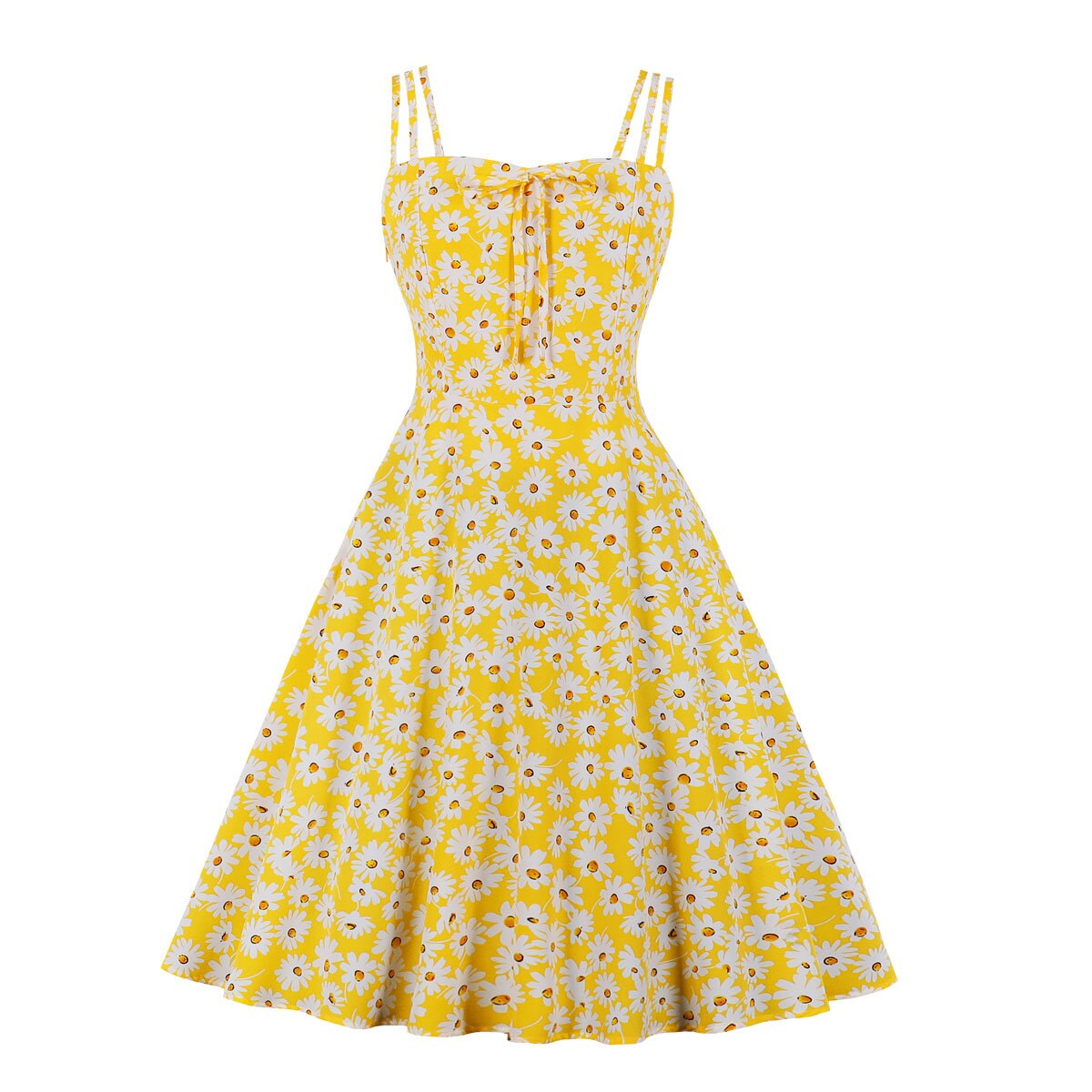 Women Vintage Sun Flower Dress Retro Rockabilly Strap Suspenders Cocktail Party 1950s 40s Swing Dress Summer Dress Sleeveless