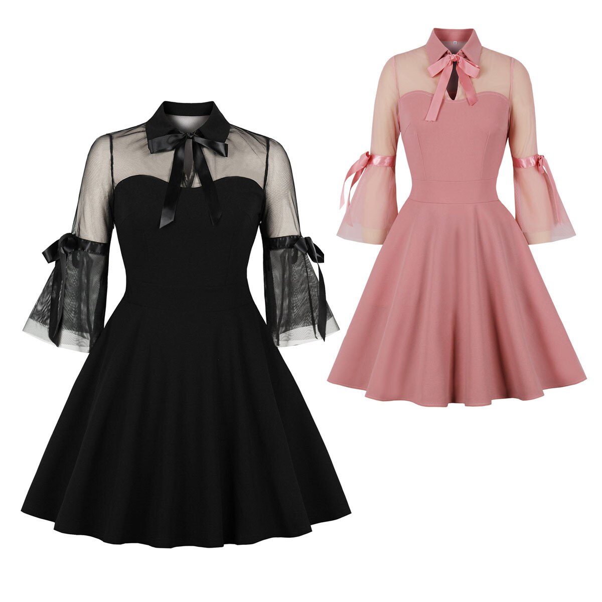 Women Vintage Pink Dress With Pockets Mesh Rockabilly Cocktail Party 1950s 40s Swing Dress 2023 Summer Dress Short Sleeves