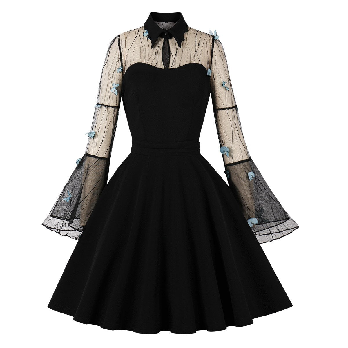 Gothic Black Butterfly Dress Women Vintage Mesh Cocktail Dresses Draped Skater Dress 2023 Medieval Dress Flare Sleeve