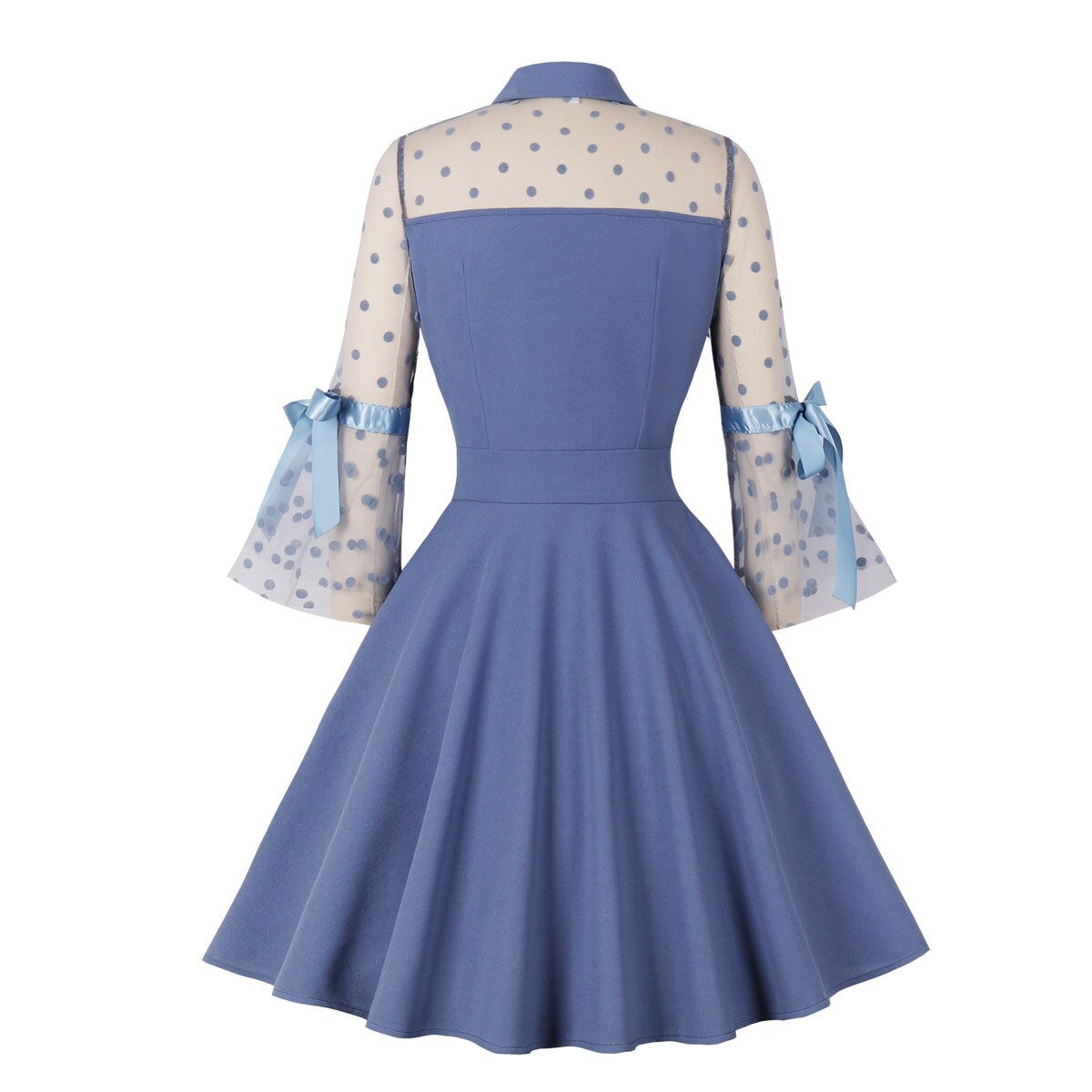 Women Vintage Light Blue Dress With Pocket Rockabilly Cocktail Party 1950s 40s Swing Dress Spring Autumn Dress See Through Polka