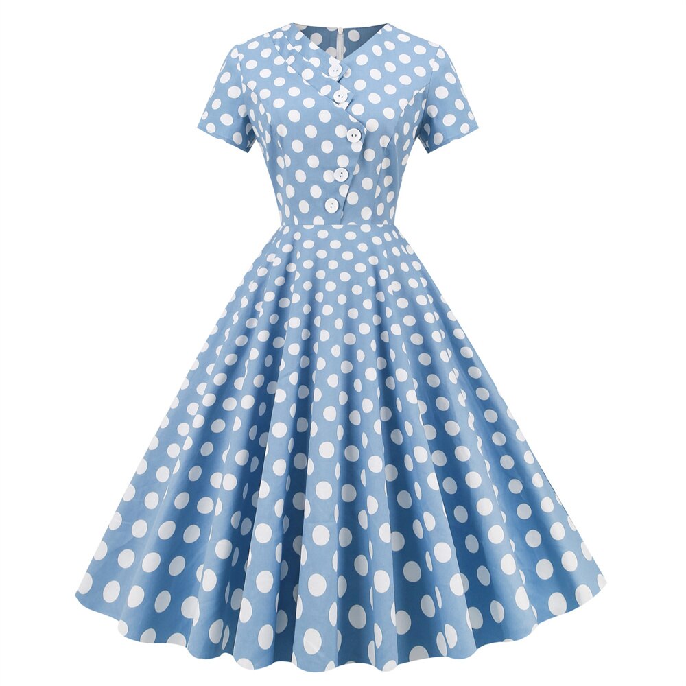 Women Vintage Polka Dots Dress Asymmetrical Rockabilly Cocktail Party 1950s 40s Swing Dress Summer Dress Short Sleeves