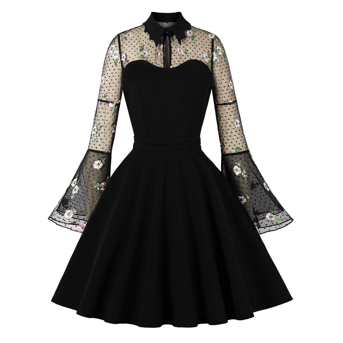 Gothic Black Floral Dress Women Vintage Mesh Cocktail Dresses Draped Skater Dress 2023 Medieval Dress Flare Sleeve Autumn