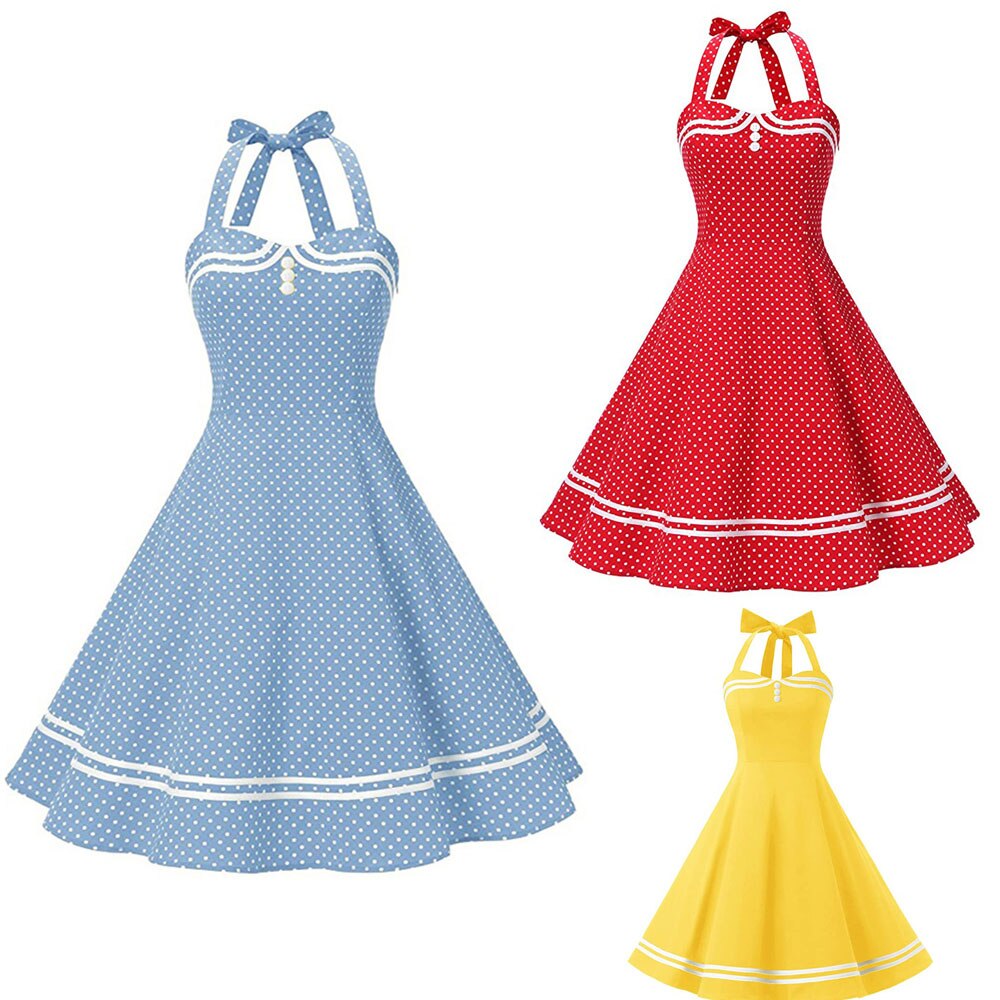 Women Vintage Halterneck Dress Retro Rockabilly Polka Dot Cocktail Party 1950s 40S Swing Dress Summer Dress Casual Beach Dress