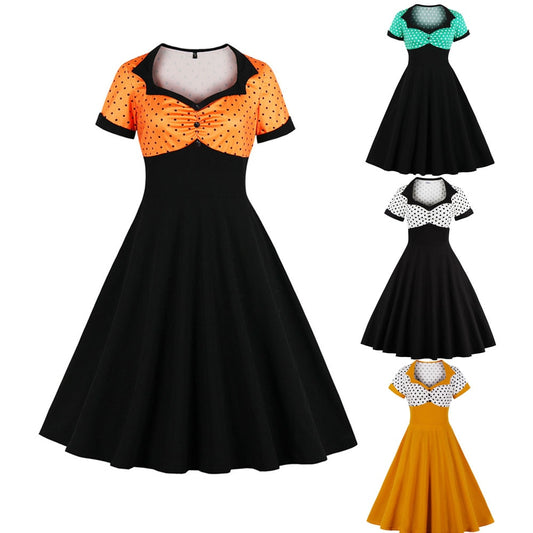 Women Vintage Dress Square Collar Retro Rockabilly Cocktail Party 1950s 40s Swing Dress Summer Dress