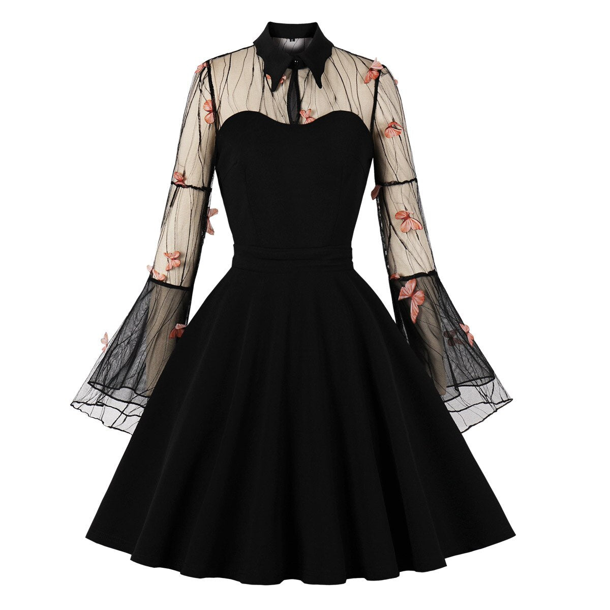 Gothic Black Butterfly Dress Women Vintage Mesh Cocktail Dresses Draped Skater Dress 2023 Medieval Dress Flare Sleeve