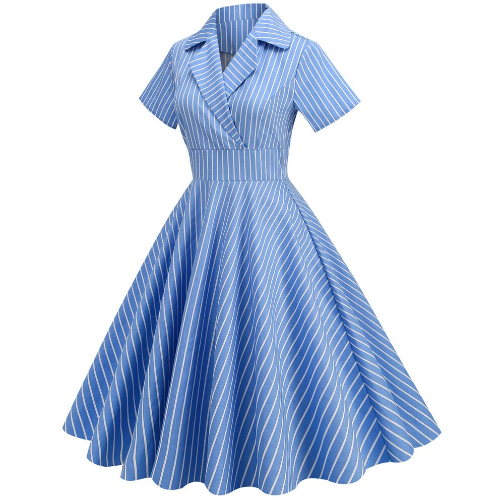 Women Vintage Striped Dress Rockabilly Cocktail Party 1950s 40s Swing Dress Summer Dress Short Sleeves