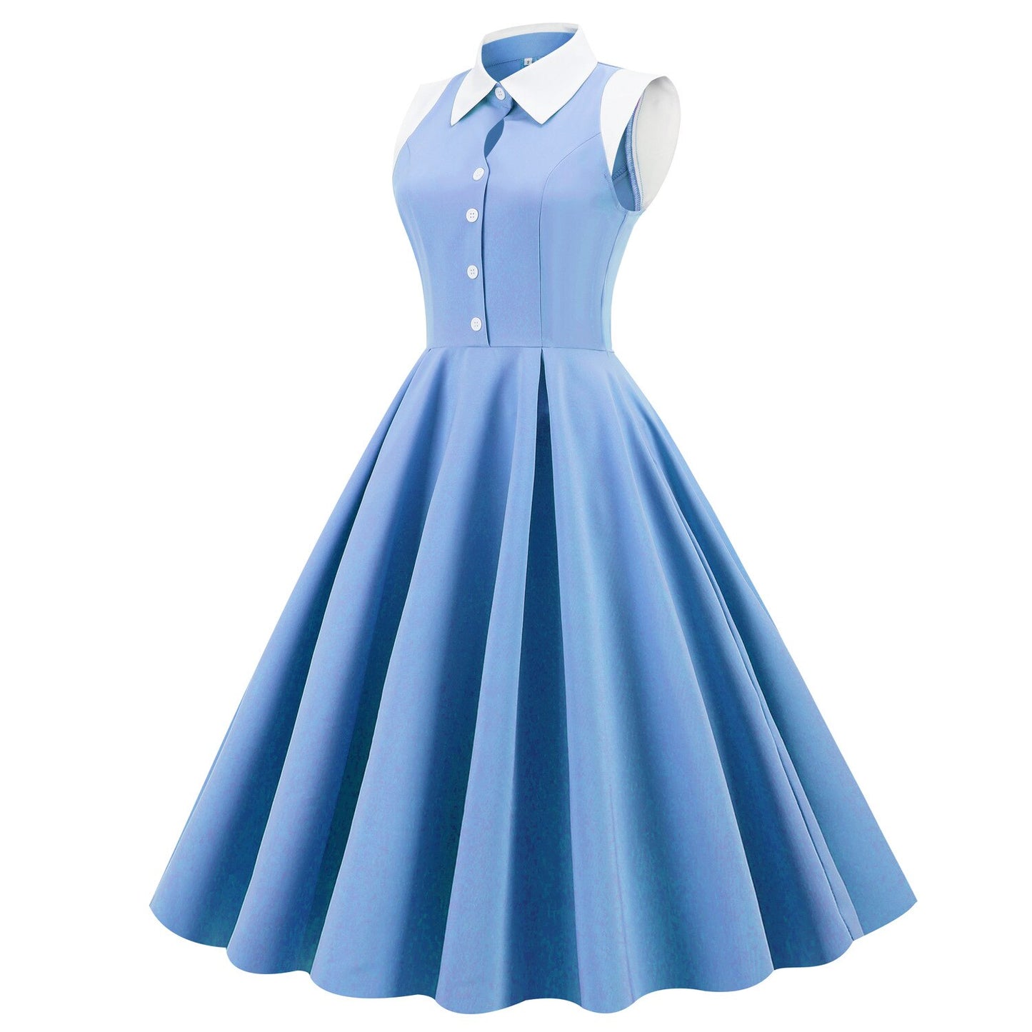 Women Vintage Blue Dress With Pockets Peter Pan Collar Rockabilly Cocktail Party 1950s 40s Swing Dress Casual Dress Sleeveless