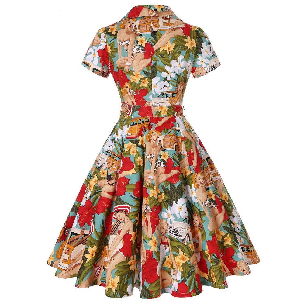 Women Vintage Flower Printing Dress Retro Rockabilly 2023 V-Neck Cocktail Party 1950s Swing Dress Summer Dress Short Sleeves