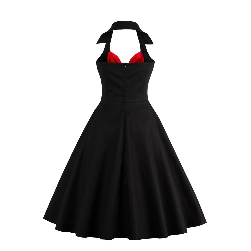 Women Vintage Halterneck Dress Black Red Retro Rockabilly Cocktail Party 1950s 40S Swing Dress Summer Dress Casual Dress