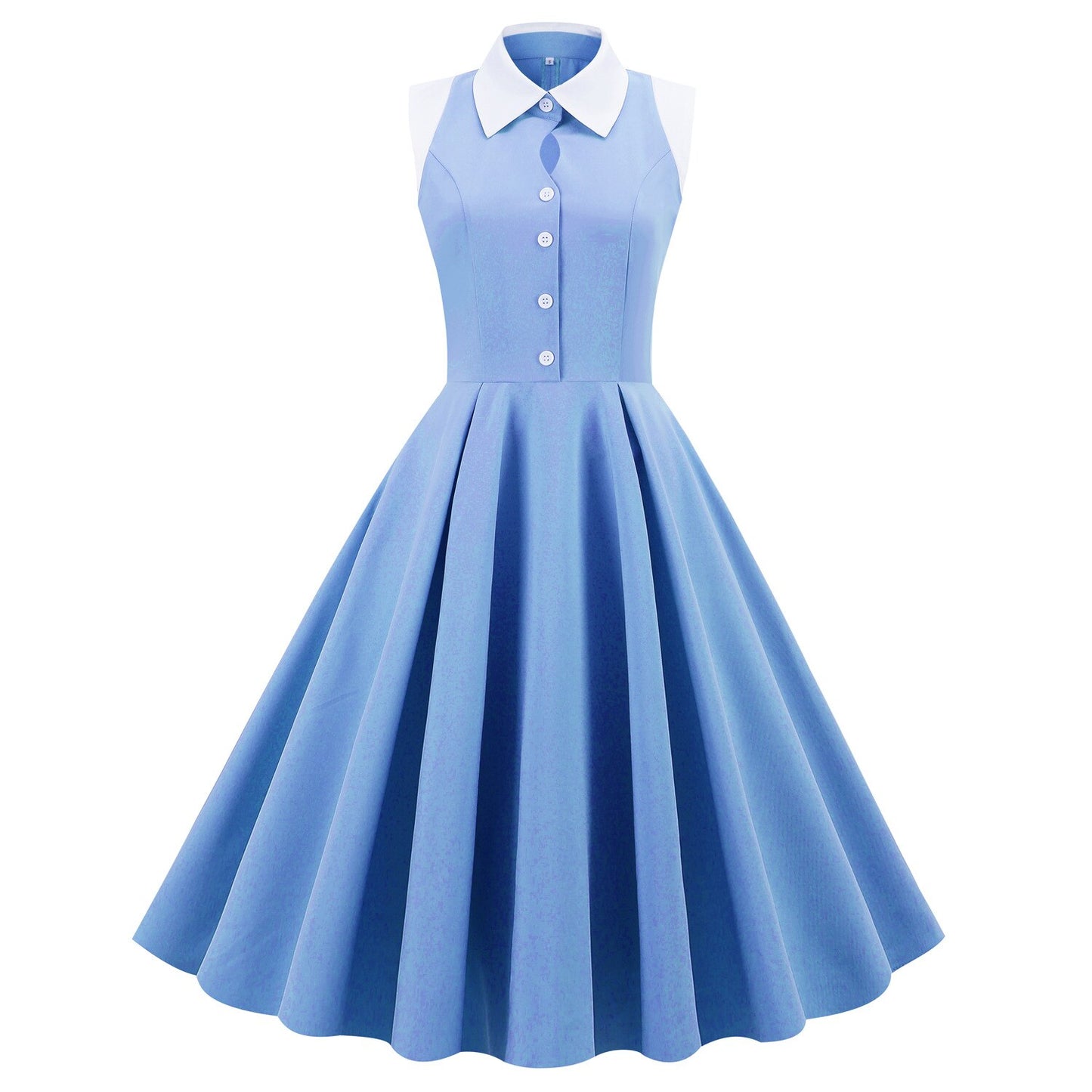 Women Vintage Blue Dress With Pockets Peter Pan Collar Rockabilly Cocktail Party 1950s 40s Swing Dress Casual Dress Sleeveless