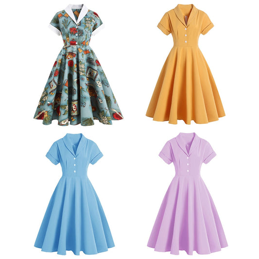 Women Vintage Pattern Printing Dress Retro Rockabilly 2023 V-Neck Cocktail Party 1950s Swing Dress Summer Dress Short Sleeves