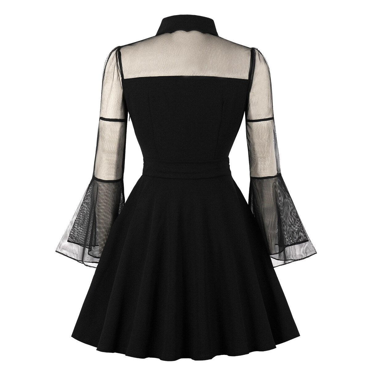 Gothic Black Halloween Queen Dress Women Vintage Mesh Cocktail Dresses Draped Skater Dress 2023 Medieval Dress Flare Sleeve