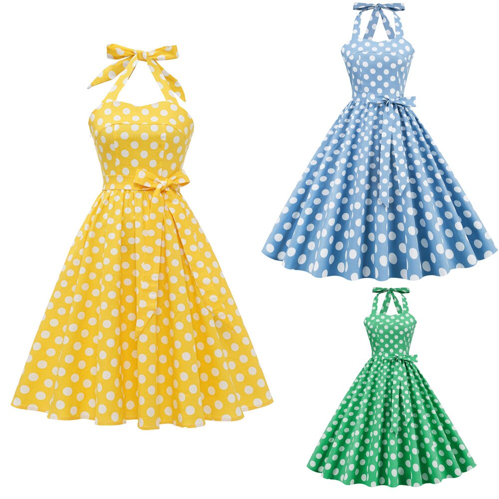 Women Vintage Halterneck Dress Retro Rockabilly Polka Dot Cocktail Party 1950s 40S Swing Dress Summer Dress Yellow Beach Dress