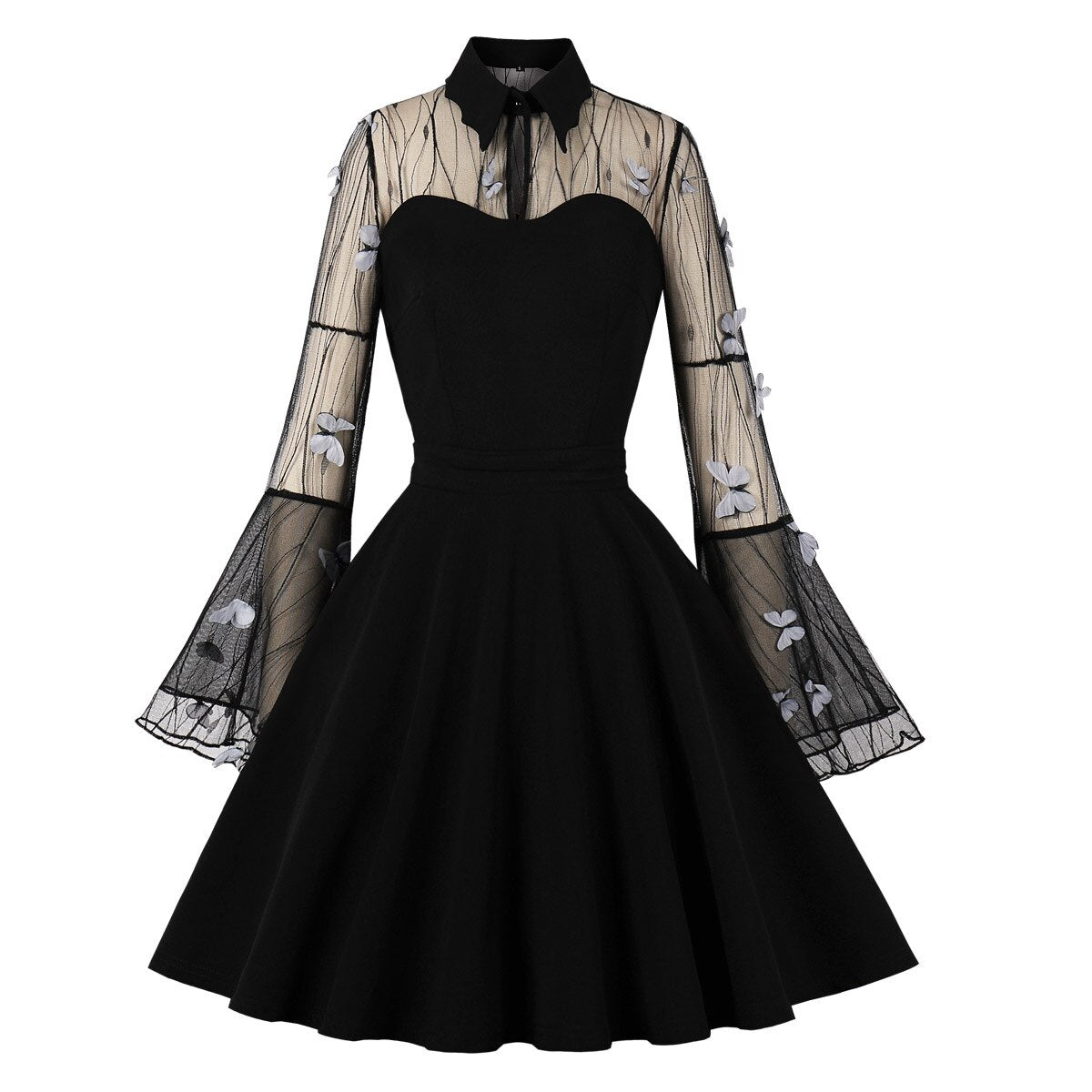 Gothic Black Butterfly Dress Women Vintage Mesh Cocktail Dresses Draped Skater Dress 2023 Medieval Dress Flare Sleeve