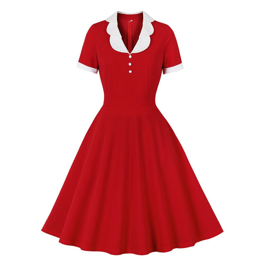 Women Vintage Solid Red Dress Retro Rockabilly V-Neck Cocktail Party 1950s 40s Swing Dress Summer Dress Short Sleeves