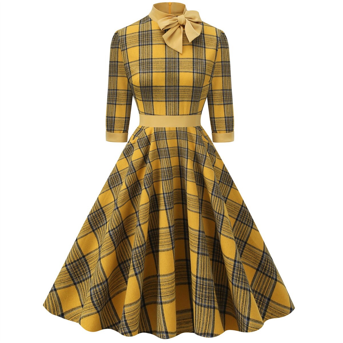 Women Vintage Plaid Dress With Pocket Rockabilly Cocktail Party 1950s 40s Swing Dress Autumn Winter Dress Long Sleeves