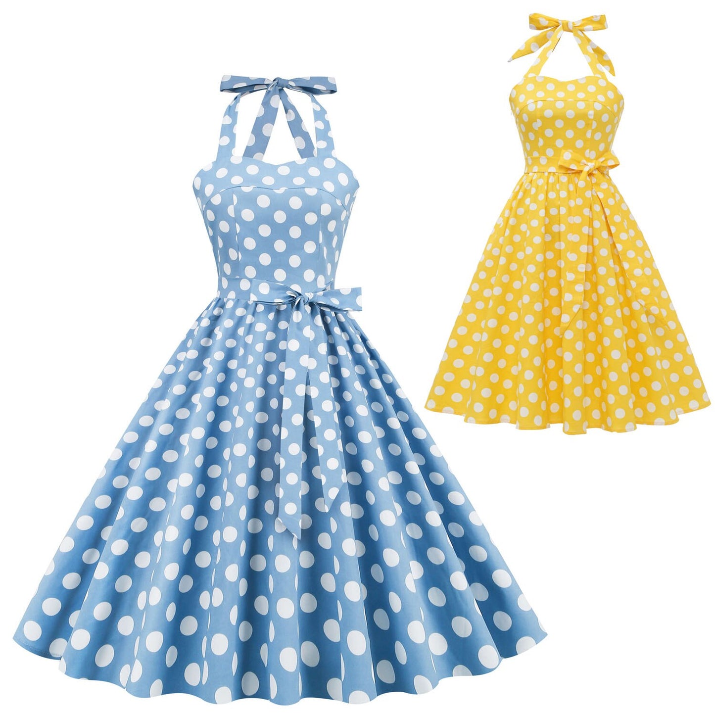 Women Vintage Halterneck Dress With Pockets Retro Rockabilly Polka Dot Cocktail Party 1950s Swing Dress Summer Dress Beach Dress