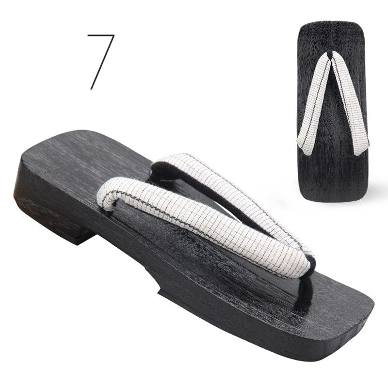 Men Japanese Geta Clogs Traditional Samurai Texture Print Yukata Wooden Flip Flops Toe Shoes Oriental Sandals Slippers