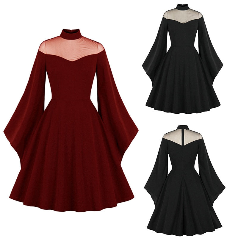 Gothic Black Halloween Queen Dress Women Vintage Medieval Dress Mesh Cocktail Dresses Skater Dress 2023 Flare Sleeve