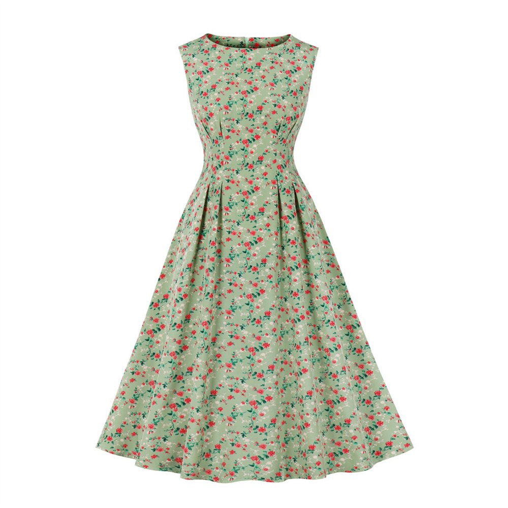 Women Vintage Floral Dress With Pockets Rockabilly Cocktail Party 1950s 40s Swing Dress Summer Dress Sleeveless