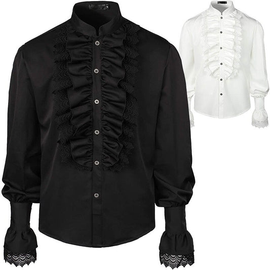 Men Medieval Renaissance Pirate Shirt Victorian Ruffles Steampunk Gothic Retro Lace Viking Halloween Costume Vintage Shirt Black