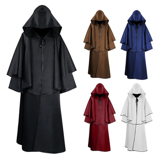 Men Tunic Hooded Robe Cloak Knight Cosplay Costume Wizard Vampire Robe Cloak Cape Monk Fancy Halloween Tie