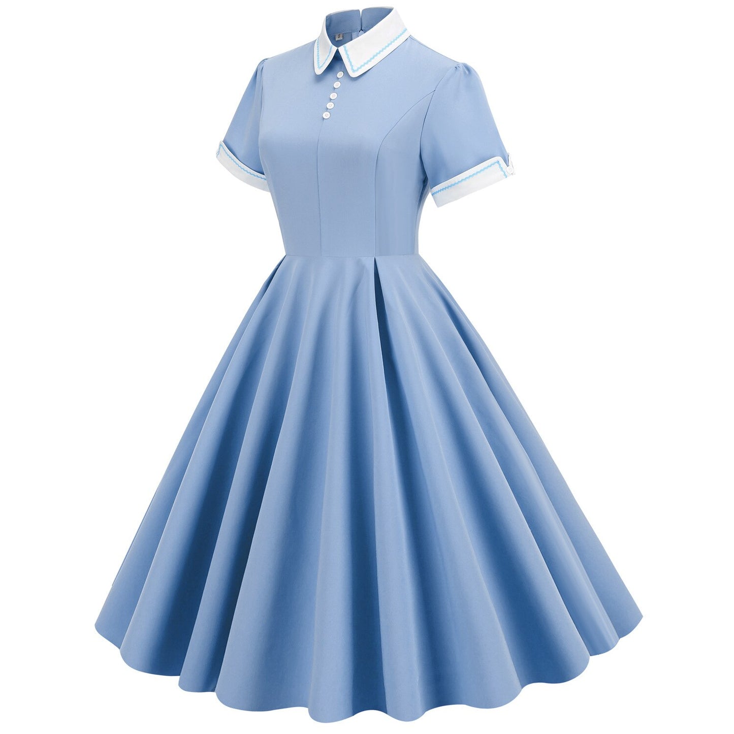 Women Vintage Blue Dress Peter Pan Collar Rockabilly Cocktail Party 1950s 40s Swing Dress Casual Dress Short Sleeves