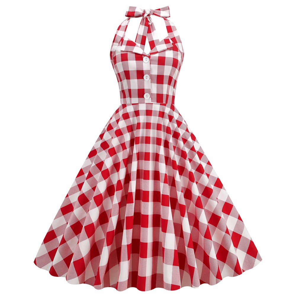 Women Vintage Halterneck Dress With Pockets Retro Rockabilly Plaid Dot Cocktail Party 1950s 40S Swing Dress Summer Dress Casual