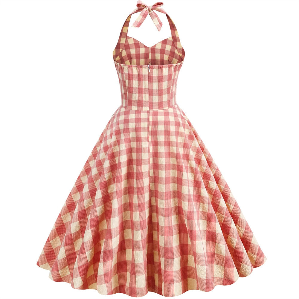 Women Vintage Halterneck Dress Plaid Retro Rockabilly Plaid Cocktail Party 1950s 40S Swing Dress Summer Dress Casual Dress