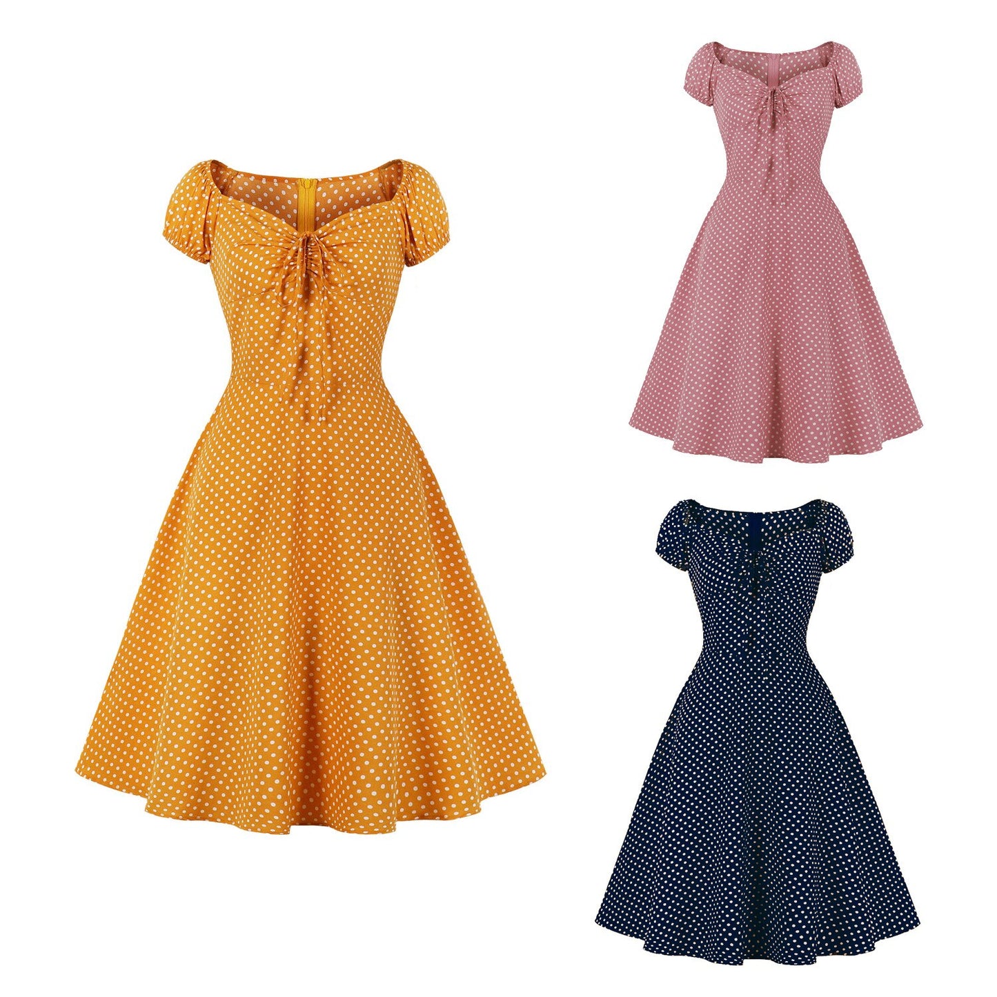 Women Vintage Polka Dot Dress Retro Rockabilly Square Collar Cocktail Party 1950s Swing Dress 2022 Summer Dress Short Sleeves