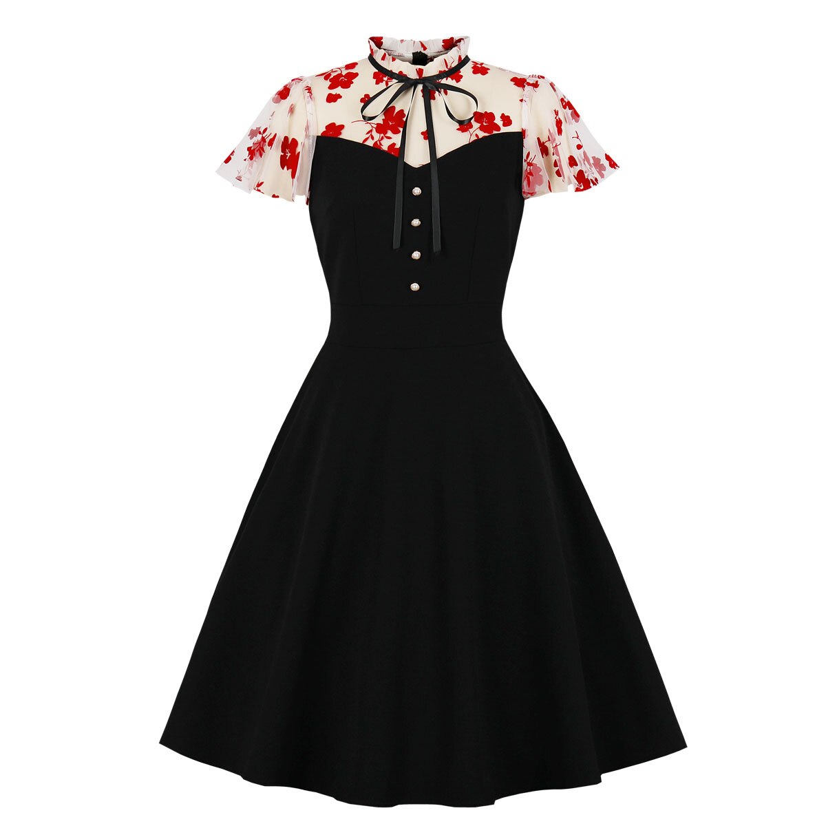 Women Vintage Mesh Flower Dress 2022 Retro Rockabilly Cocktail Party Lace Elegant 1950s Swing Dress Summer Dress Black