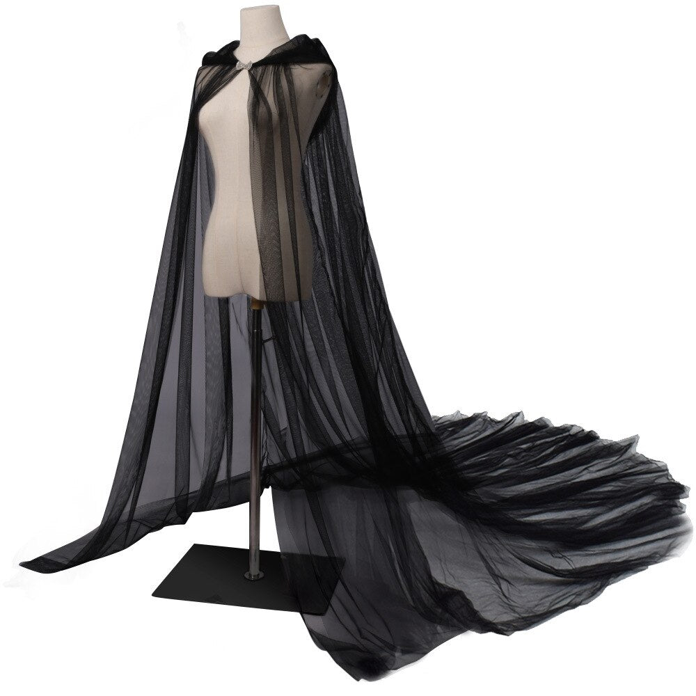 Women Black Hooded Tulle Cape Long Chiffon Medieval Net Robe Vampire Bride Sheer Haunted Cloak Costume for Adults and Teens