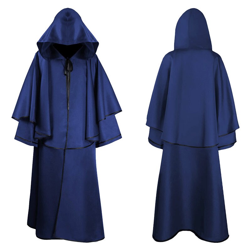 Men Tunic Hooded Robe Cloak Knight Cosplay Costume Wizard Vampire Robe Cloak Cape Monk Fancy Halloween Tie