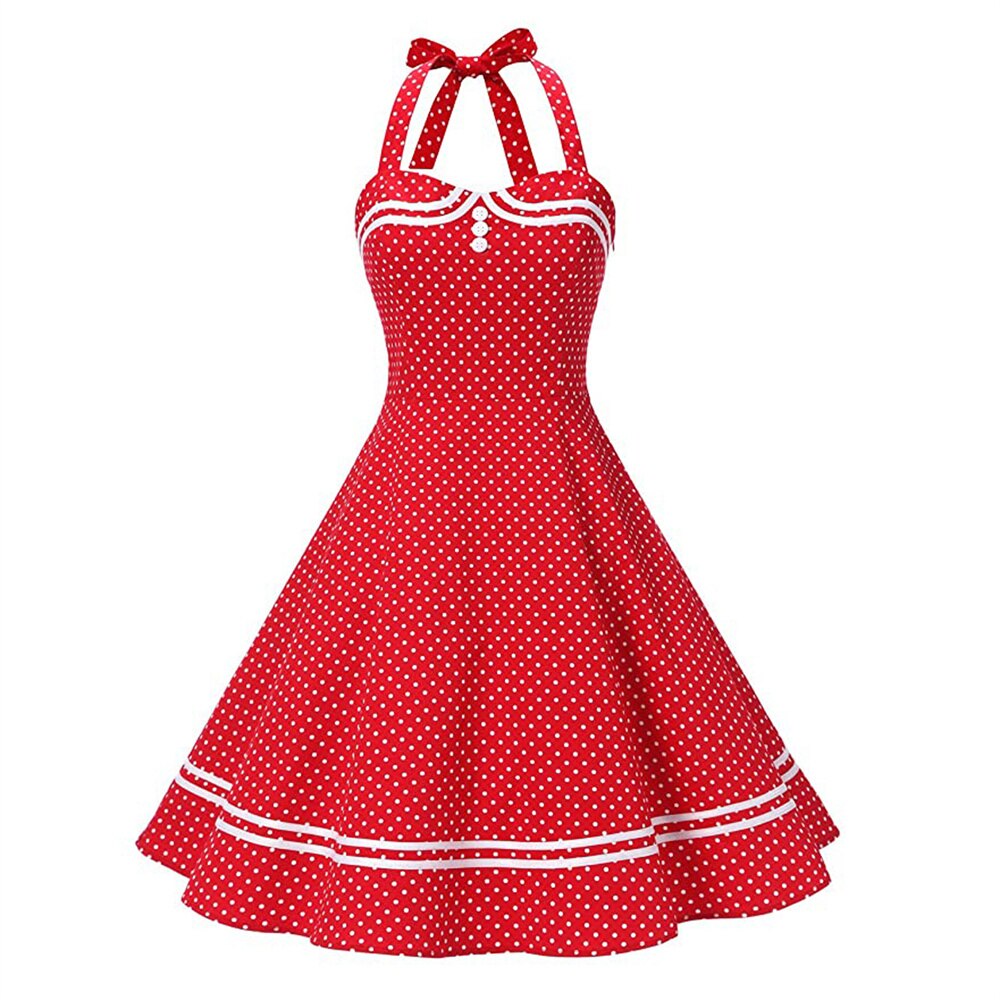 Women Vintage Halterneck Dress Retro Rockabilly Polka Dot Cocktail Party 1950s 40S Swing Dress Summer Dress Casual Beach Dress