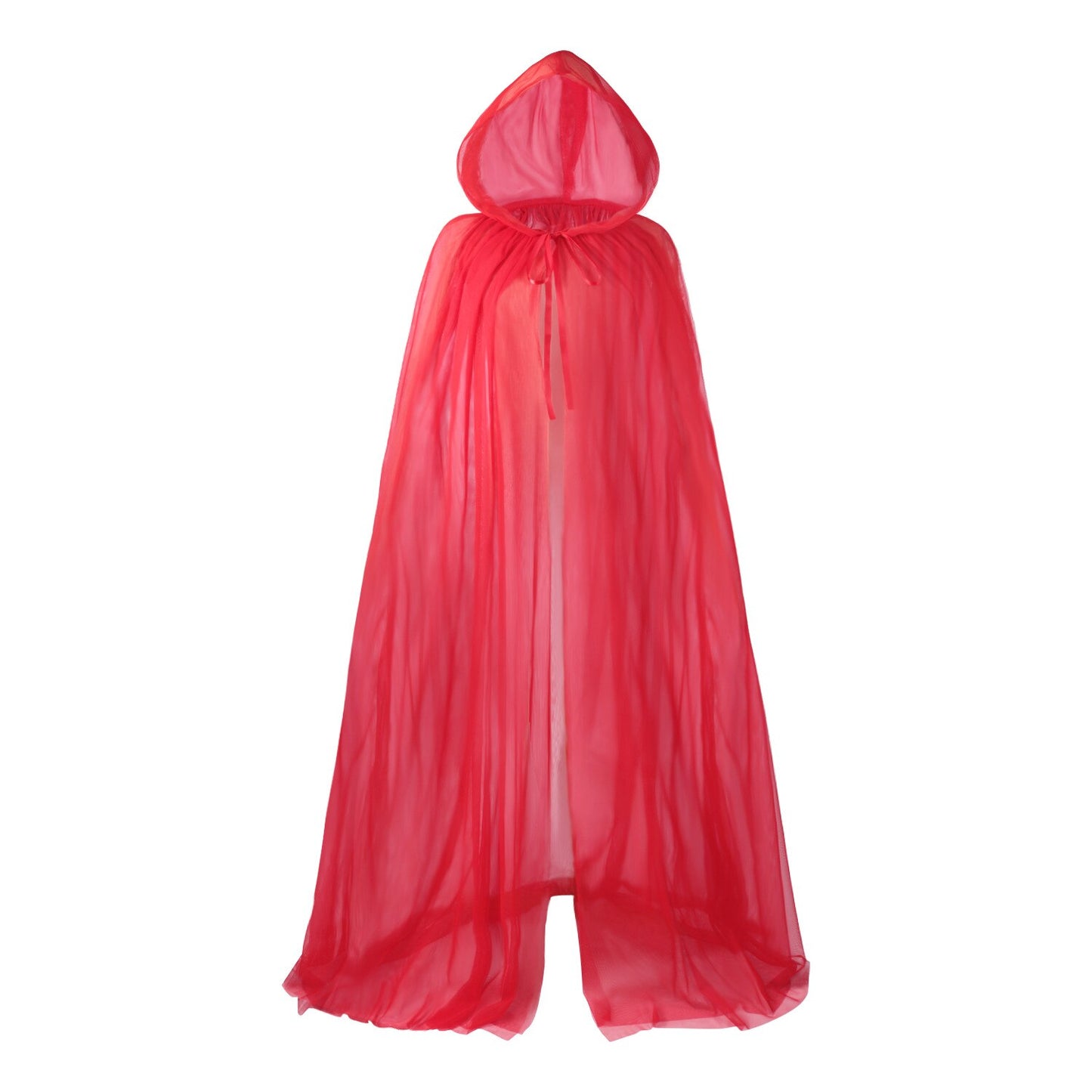 Women Red Hooded Tulle Cape Long Chiffon Medieval Net Robe Vampire Bride Sheer Haunted Cloak Costume for Adults and Teens