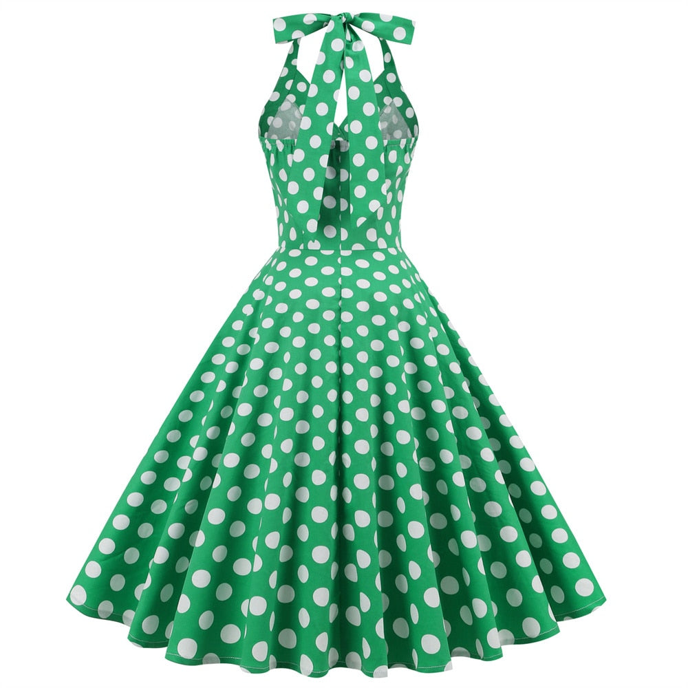 Women Vintage Halterneck Dress Retro Rockabilly 2023 Polka Dot Cocktail Party 1950s 40S Swing Dress Summer Dress Green Dress