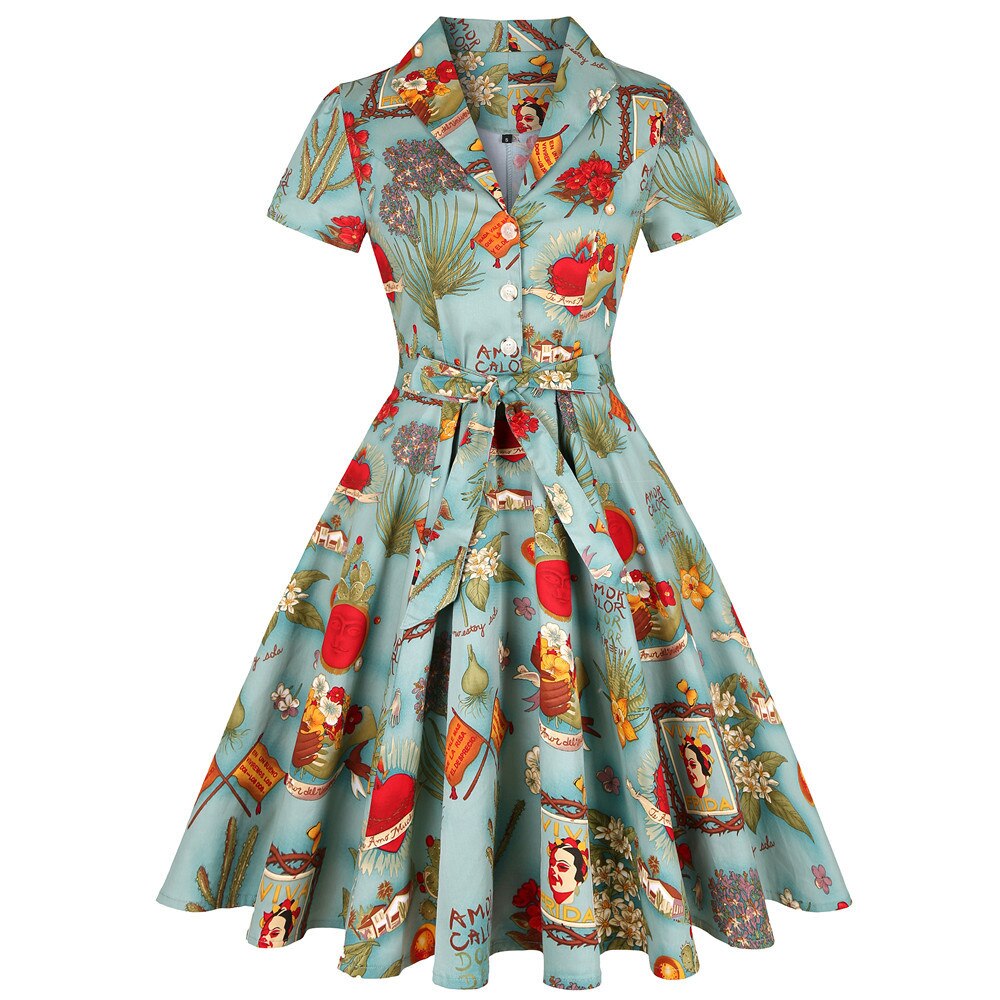 Women Vintage Flower Printing Dress Retro Rockabilly 2023 V-Neck Cocktail Party 1950s Swing Dress Summer Dress Short Sleeves