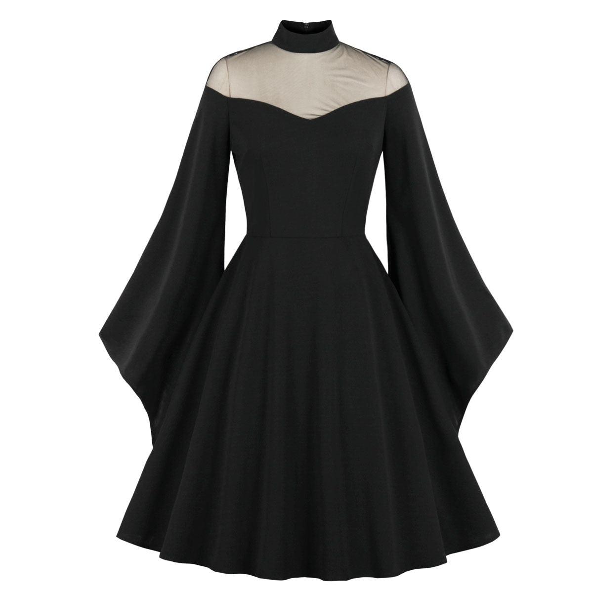 Gothic Black Halloween Queen Dress Women Vintage Medieval Dress Mesh Cocktail Dresses Skater Dress 2023 Flare Sleeve