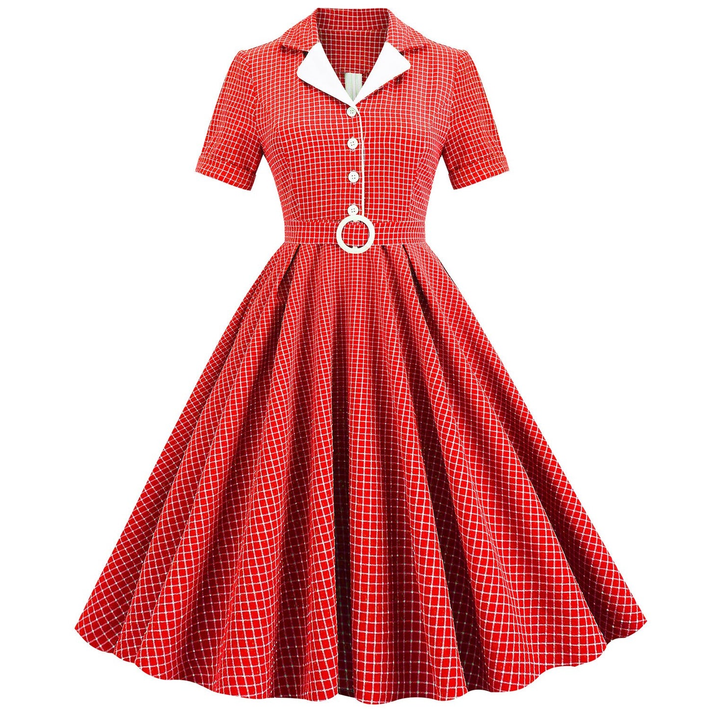 Women Vintage Pink Plaid Dress With Belt Rockabilly Cocktail Party 1950s 40s Swing Dress Casual Dress Short Sleeves