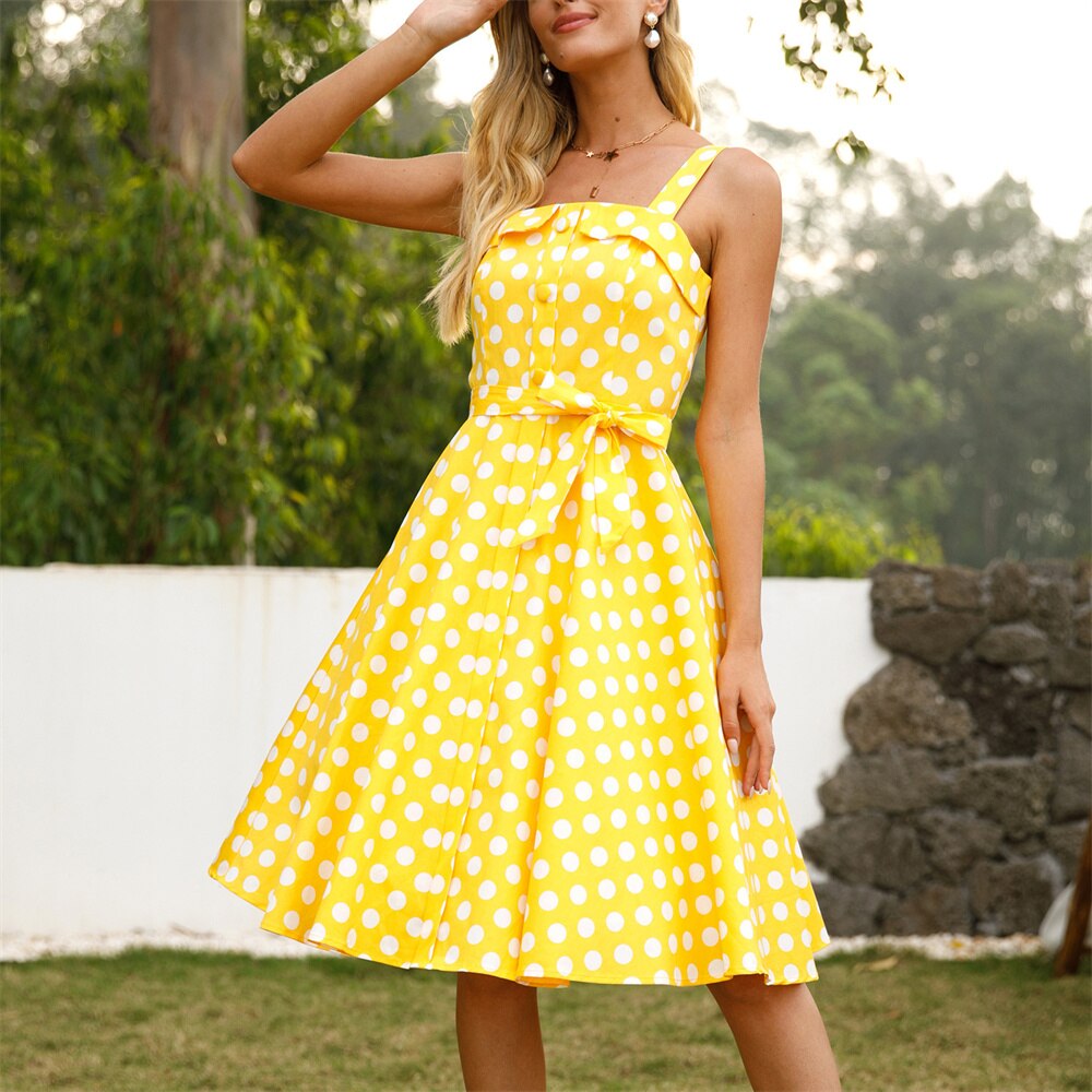 Women Vintage Yellow Polka Dots Dress Retro Rockabilly Strap Suspenders Cocktail Party 1950s 40s Swing Dress Summer Dress