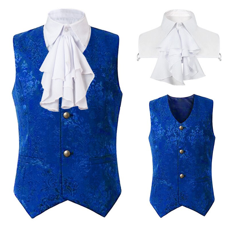 Men Gothic Steampunk Vest With Fake Ruffles Collar Jcquard Brocade Waistcoat Medieval Ranassance Tops Victorian Vintage Costume